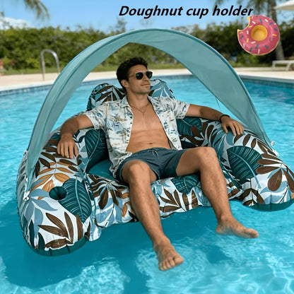 Inflatable Pool Lounger with Canopy for Adults – Tropical Leaf Floating Chair with Cup Holder & Sun Shade, Summer Pool Beach Lake Water Toy, Birthday Gift for Women Men (Green & Blue)