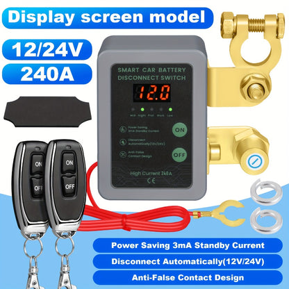 Car Battery Auto Power Off Switch with LED Voltage Display - 12V/24V Anti-Drain Protection, Low Voltage Alarm, 240A Remote Control Battery Disconnect