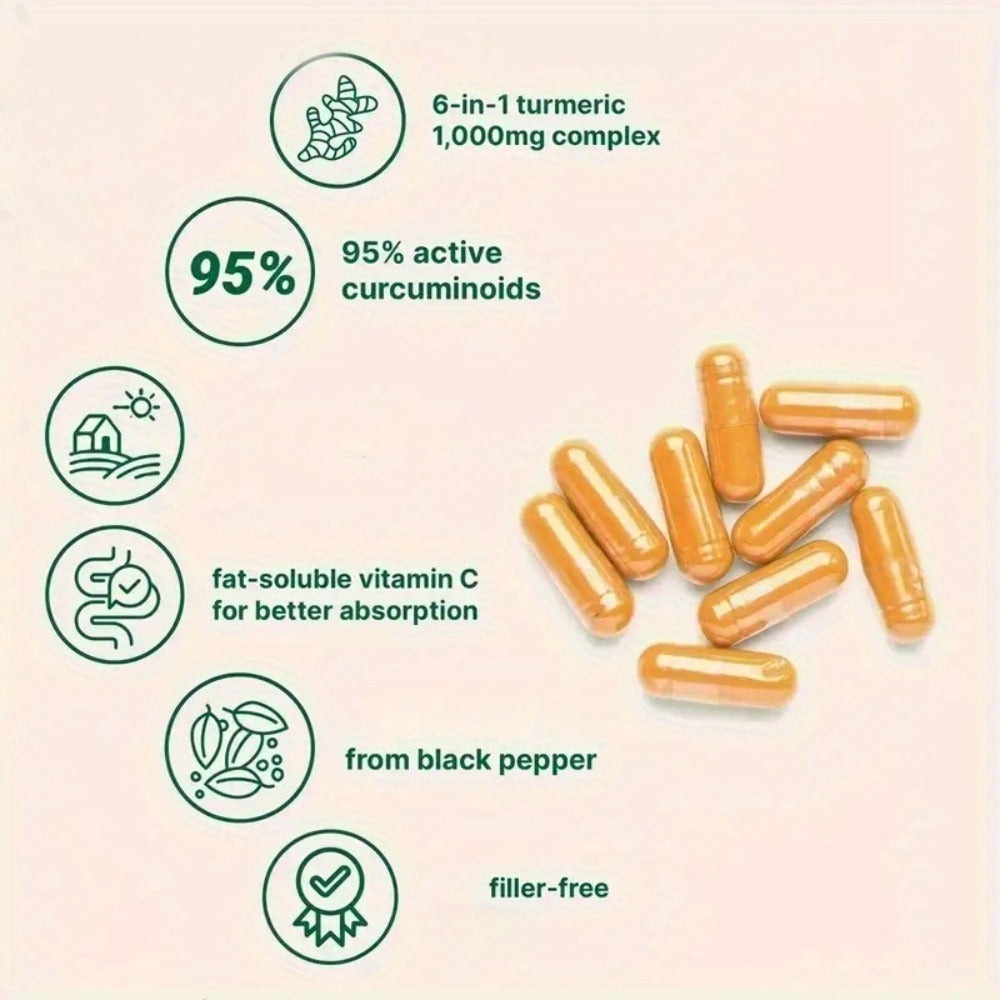 Curcumin 6-in-1 Capsules with 95% Active Curcumin, Vitamin C & Probiotics – 120 Capsules 120-Day Supply | Anti-Inflammatory, Immune & Gut Support | All-Natural Turmeric Formula for Women & Men