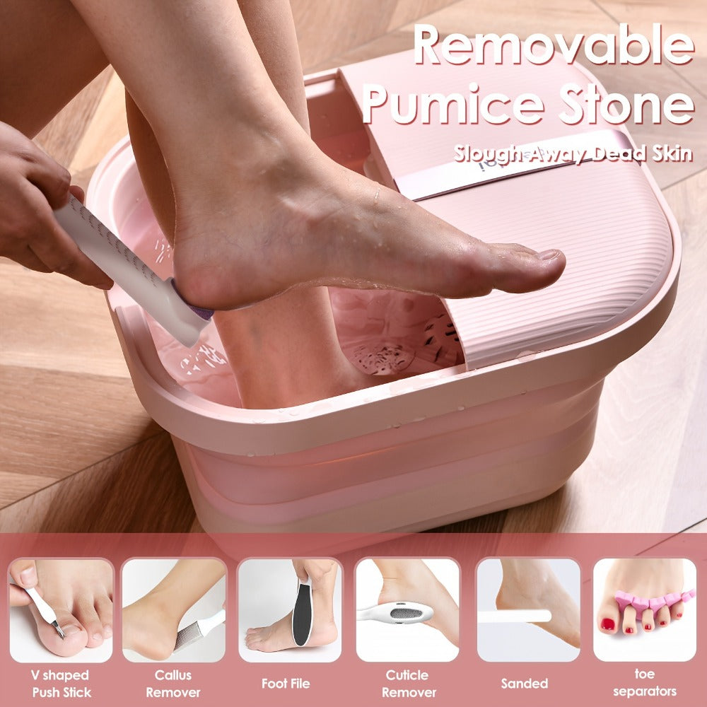Collapsible Foot Bath Spa Massager with Heat Bubble Jets Massage Rollers LED Light Foldable Pedicure Foot Soak Tub Built-In Scrubber Home Use Gift for Women
