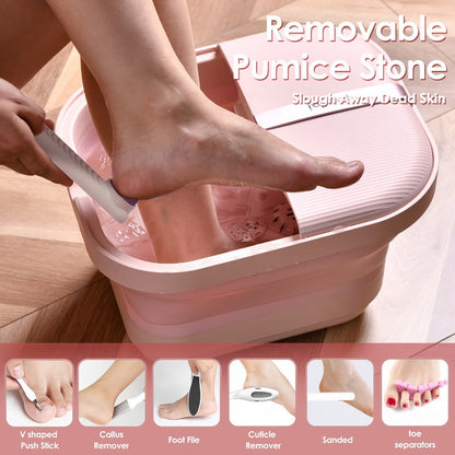 Collapsible Foot Bath Spa Massager with Heat Bubble Jets Massage Rollers LED Light Foldable Pedicure Foot Soak Tub Built-In Scrubber Home Use Gift for Women