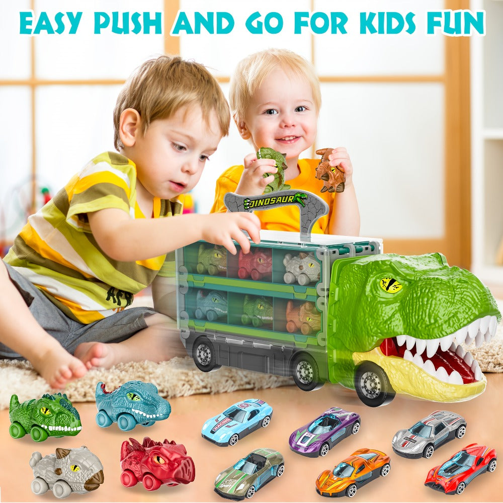 Dinosaur Truck Toys 13-in-1 Transport Carrier with 63-Inch Foldable Race Track | 6 Dino Cars + 6 Die-Cast Cars | 2-Player Racing Mode | Kids Birthday Christmas Gift
