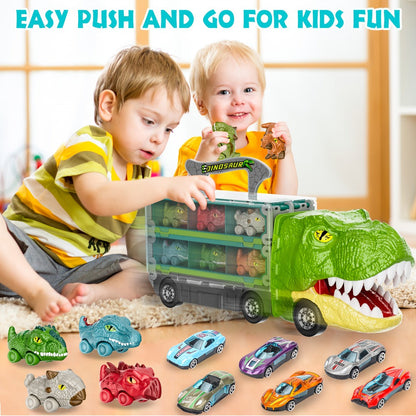 Dinosaur Truck Toys 13-in-1 Transport Carrier with 63-Inch Foldable Race Track | 6 Dino Cars + 6 Die-Cast Cars | 2-Player Racing Mode | Kids Birthday Christmas Gift