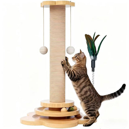 Sisal Cat Scratching Post with Hanging Ball & Turntable Interactive Toy 18.1 Inch - Sturdy Non-Slip Base Suction Cup Bottom for Kittens & Adult Cats, Furniture Protector Scratcher