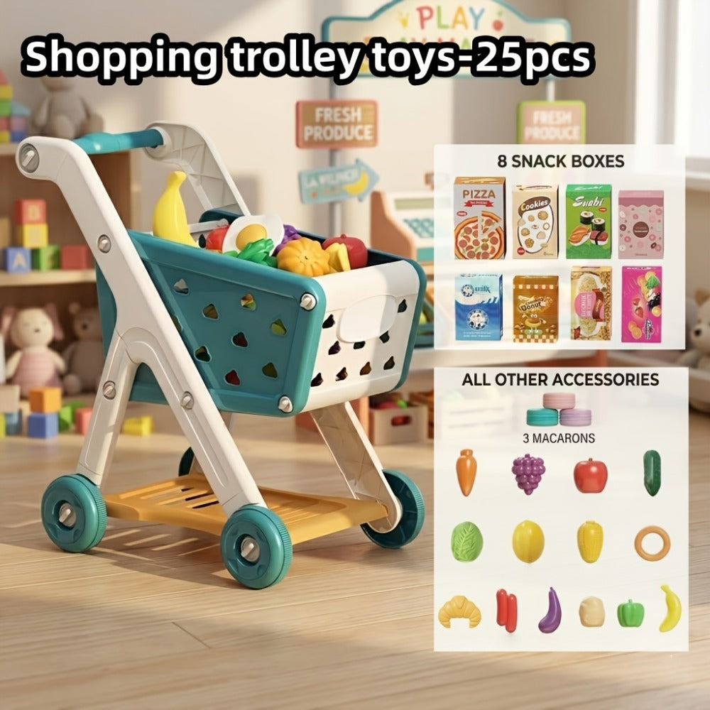 Kids Pretend Play Shopping Cart Toy Set with Realistic Food & Grocery Accessories – Supermarket Role Play for Toddlers Girls Boys Ages 3+, Blue, Birthday Christmas Gift