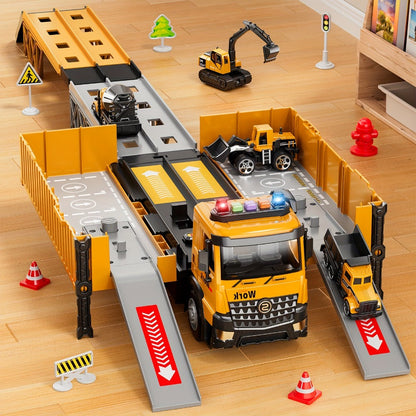 Construction Vehicle Container Truck Toy Set with Crane & Foldable Double Race Track | 4 Alloy Trucks, Realistic Sound & Lights | Kids Toy for Ages 3+