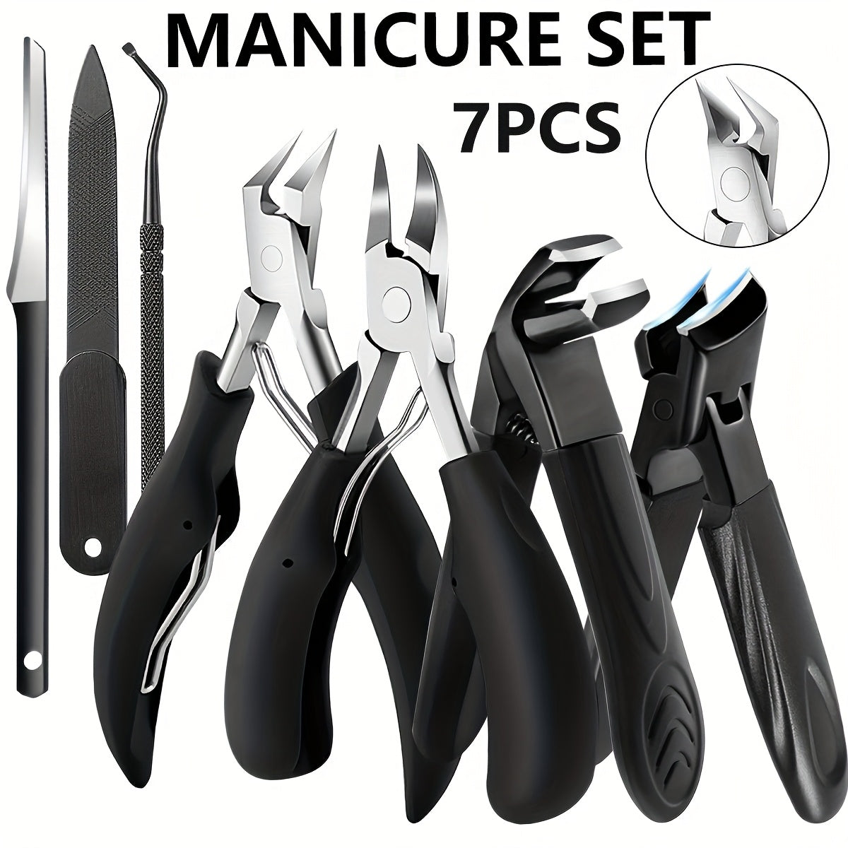 Heavy Duty Toenail Clipper Set 7pcs for Seniors Angled Curved Stainless Steel Blades Splash Guard Long Handle Nail File Pedicure Tool Kit Thick Nails