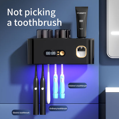 Toothbrush Holder with UV Sterilizer & Automatic Toothpaste Dispenser – 5-Slot Smart Bathroom Organizer with 2 Cups, USB Rechargeable, Clock Display, Durable Plastic Wall Mount for Family Oral Care
