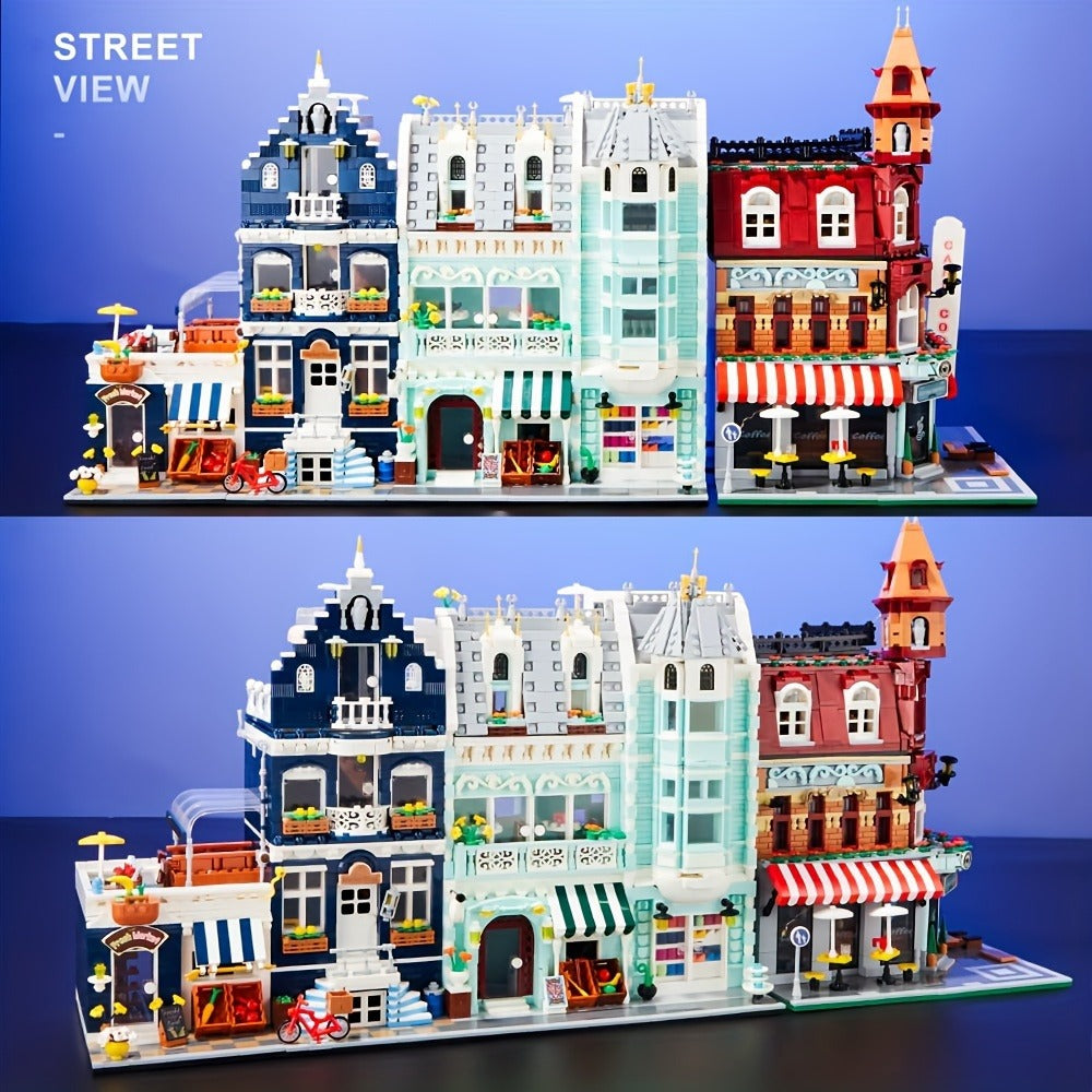 Modular City Building Blocks Set – European Architecture Grocery Store & Market Street, 3-Level Mini Brick Model Kit for Adults & Teens, Creative Assembly Home Decor Display Piece, Great Gift