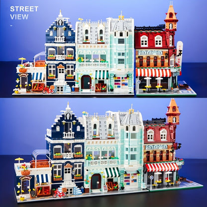 Modular City Building Blocks Set – European Architecture Grocery Store & Market Street, 3-Level Mini Brick Model Kit for Adults & Teens, Creative Assembly Home Decor Display Piece, Great Gift