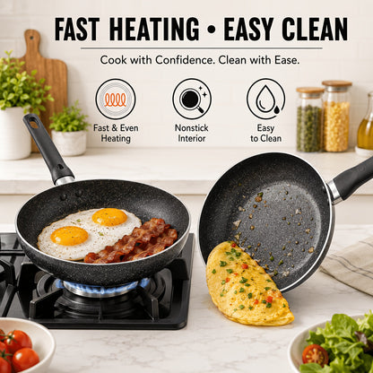 Nonstick Frying Pan Set 7pcs – 8.5" & 10" Aluminum Skillets with Deep Frying Pan, Fast Heating, Easy Clean – Durable Cookware Set with 4 Dish Cloths for Home Kitchen & Camping