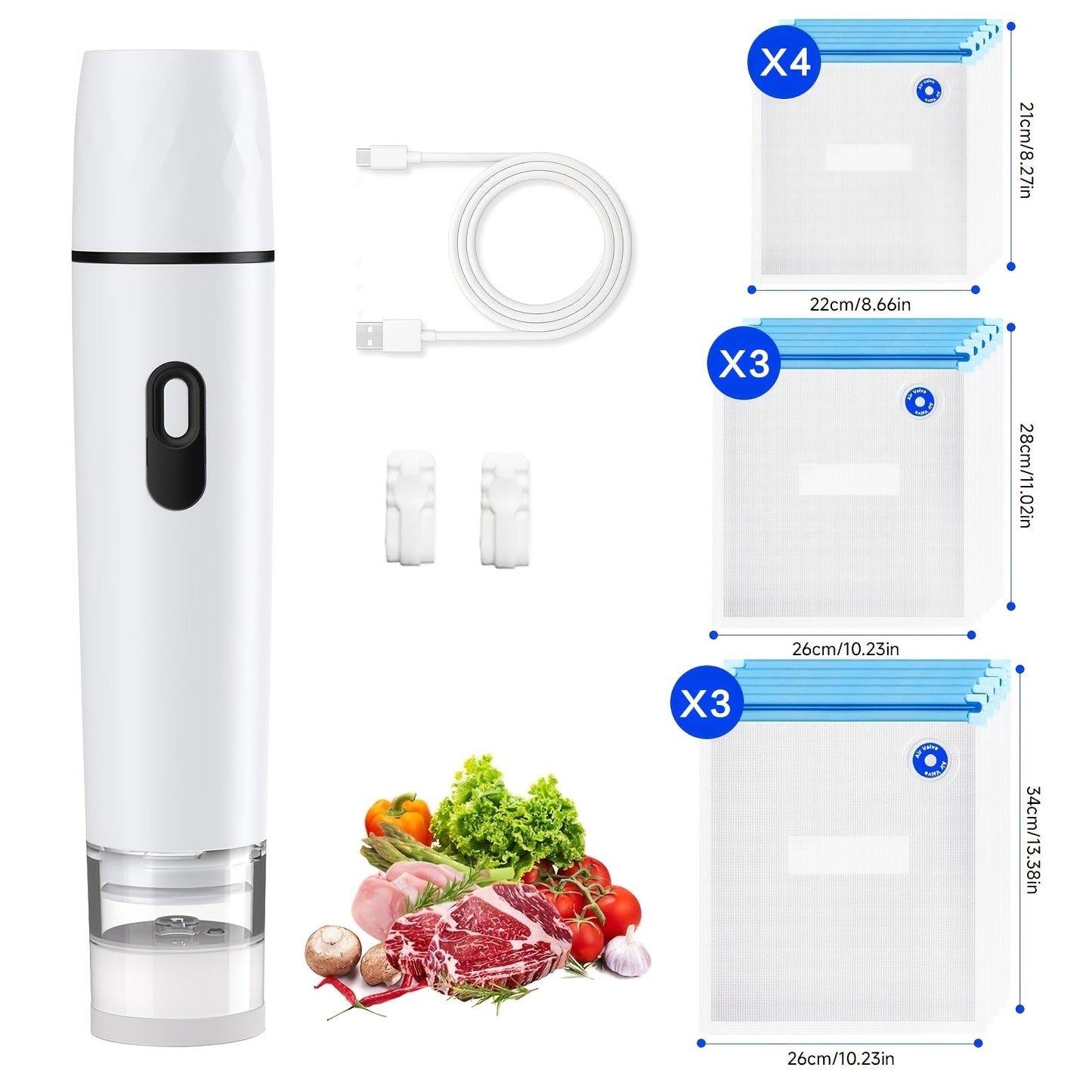 Vacuum Sealing Machine with Reusable Vacuum Bags – Compact Handheld Food Sealer, Portable Meal Storage Device, Powerful Suction, Kitchen Food Preservation Tool with 10 Reusable Bags Included