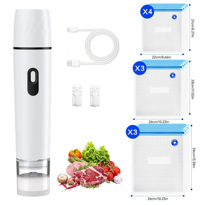 Vacuum Sealing Machine with Reusable Vacuum Bags – Compact Handheld Food Sealer, Portable Meal Storage Device, Powerful Suction, Kitchen Food Preservation Tool with 10 Reusable Bags Included