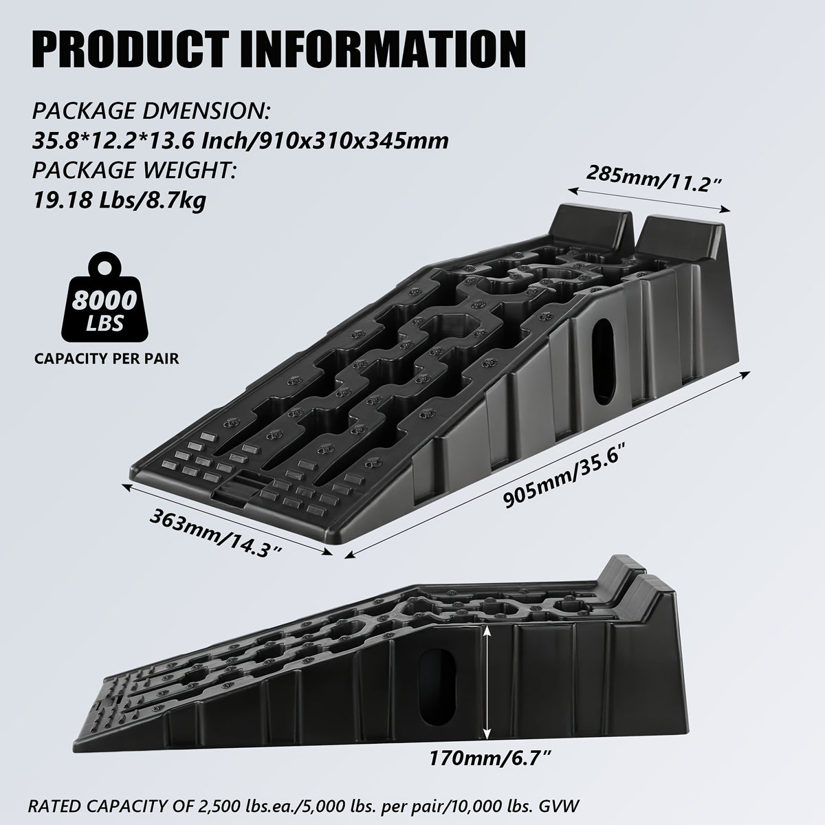 7Ton 5Ton Ramp Vehicle Ramp Pair - Ideal for Stress-Free Home Garage Maintenance - Reduces Slippage - Works with Low Clearance Vehicles - 16, 000lbs/10, 000lbs GVW Capacity - Extra-Wide Design