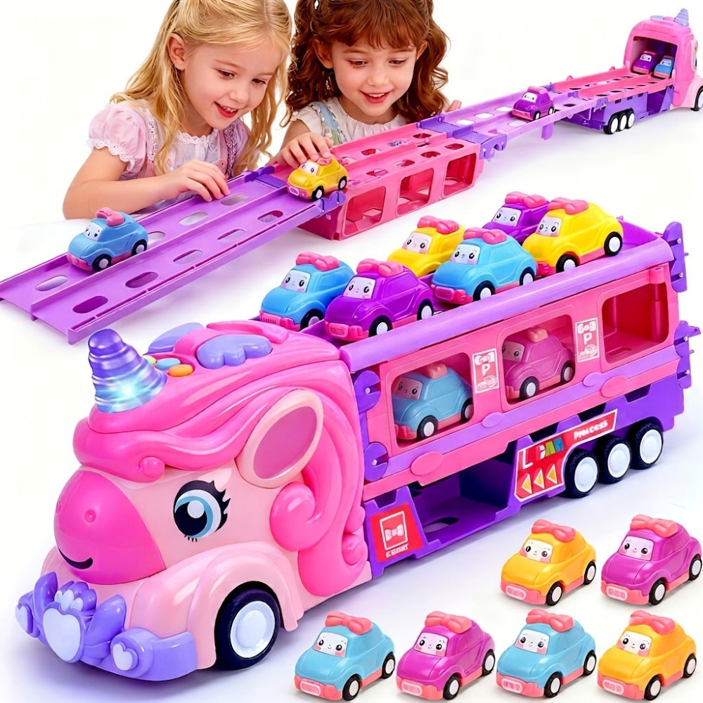 Pink Unicorn Monster Truck Track Set with 8 Princess Cars, Lights & Sounds – Friction Power 2-Player Fold-Out Track Toy for Girls Boys Ages 3+, Birthday Holiday Gift