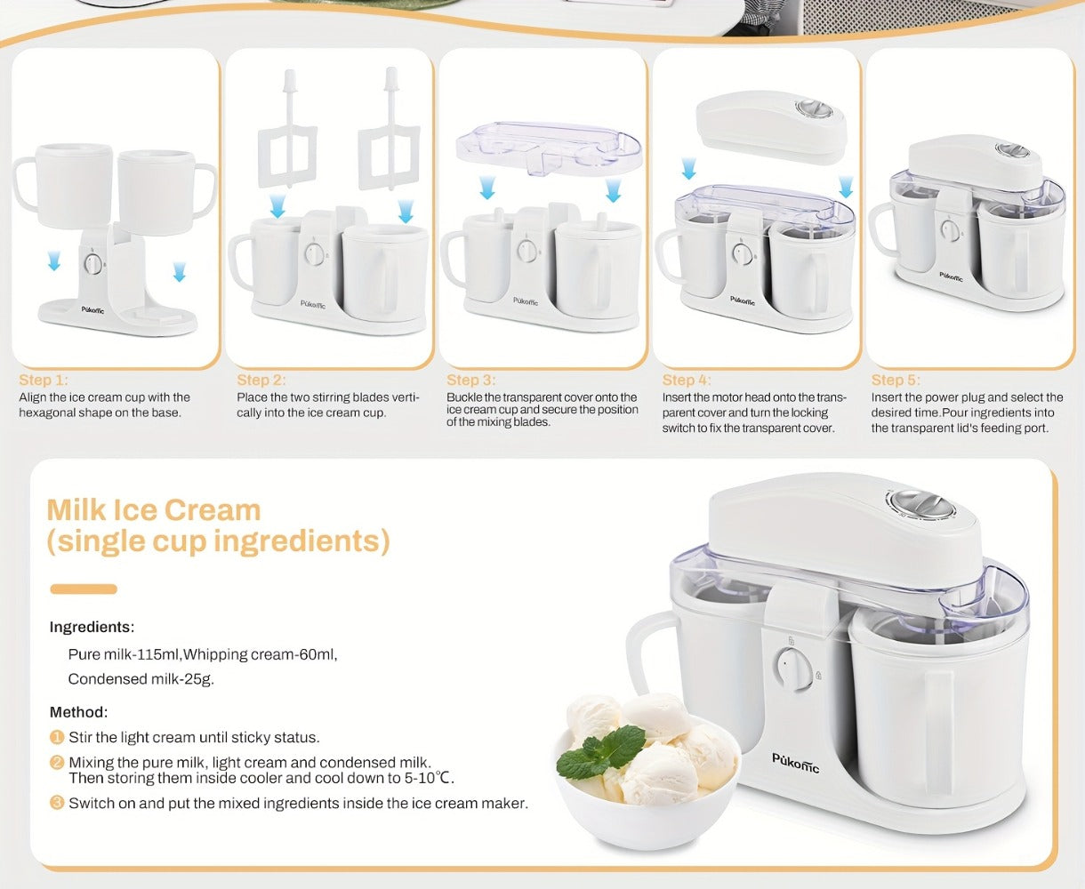 Ice Cream Maker Machine Dual Cup Self-Freezing – Make 2 Flavors Homemade Ice Cream Sorbet Frozen Yogurt at Once, Fast 10-Min Churning, Easy Clean Removable Bowl, Compact Countertop Design