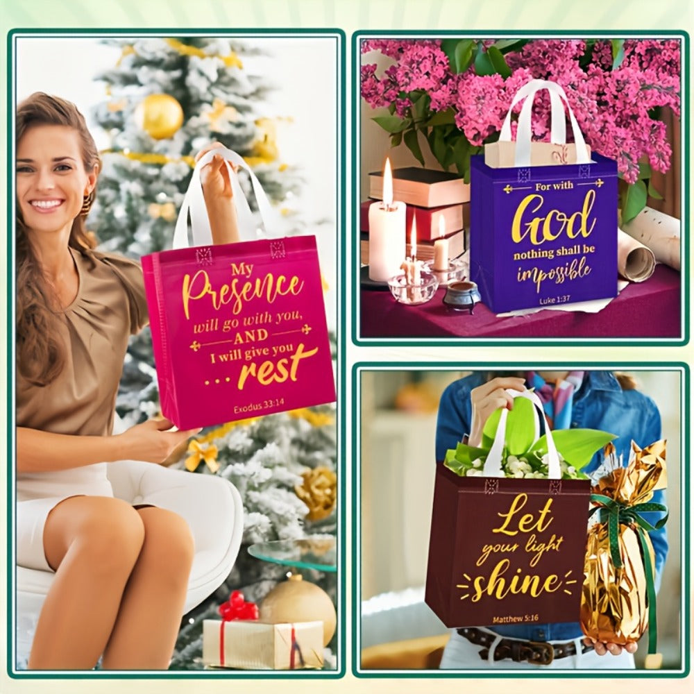 Bible Verse Gift Bags Bulk 32 or 64pcs | 8 Colors Reusable Christian Religious Gift Bags with Handles for Women | Medium Non-Woven Church Bags for Baptism, Wedding, Party Supplies, VBS, Faith Events