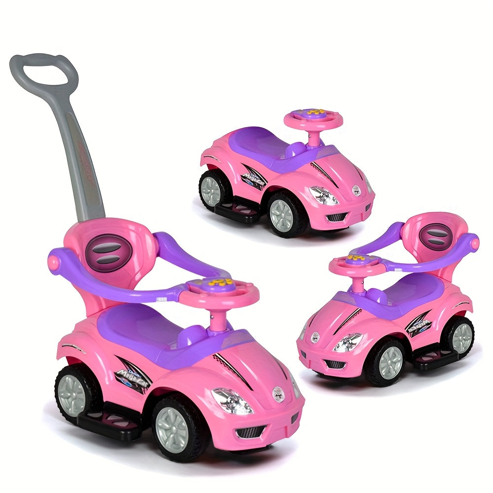 3-in-1 Toddler Push Ride & Walker Car – Baby Ride-On Toy with Guardrail, Music & Under-Seat Storage for Ages 18–36 Months | Indoor Outdoor Safe Play | Pink, Red