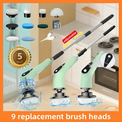 Electric Spin Scrubber with 9 Interchangeable Brush Heads 5 Speed Settings & 3 Extendable Handles - Power Scrubber for Bathroom Kitchen Tile Floor Carpet, Cordless Rotary Cleaning Brush Green White