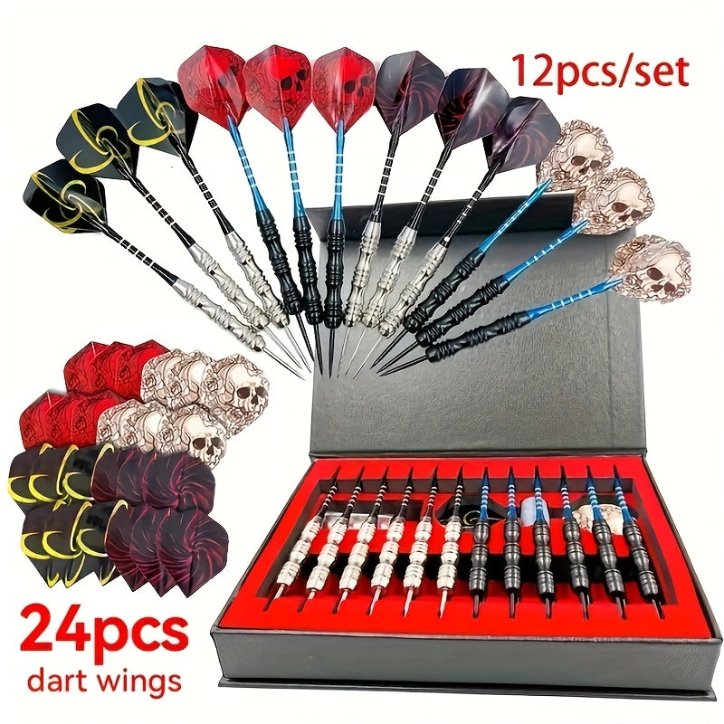 Steel Tip Darts Gift Set with Aluminum Alloy Shaft & Skull Dart Flights – Deluxe Gift Box for Indoor Club Entertainment Sports Competitions Casual Outdoor Games – Iron Tip Pop Darts Set