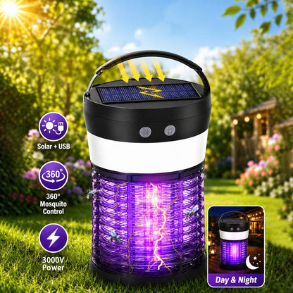 Solar Bug Zapper Electric 3-in-1 – 3000V UV 365nm Mosquito Killer Rechargeable Insect Fly Trap with White Light & Flashlight, 2100 Sq Ft Coverage for Indoor Outdoor Home Patio Backyard Camping – Black