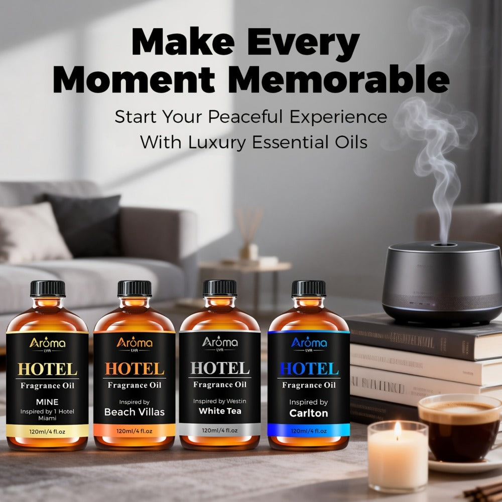 Hotel Fragrance Essential Oil 4oz/120ml – Luxury Scent for Diffuser, Humidifier, Candles & Perfume | White Tea, CapriBreeze, MINE, Beach Villas, R-C Hotel
