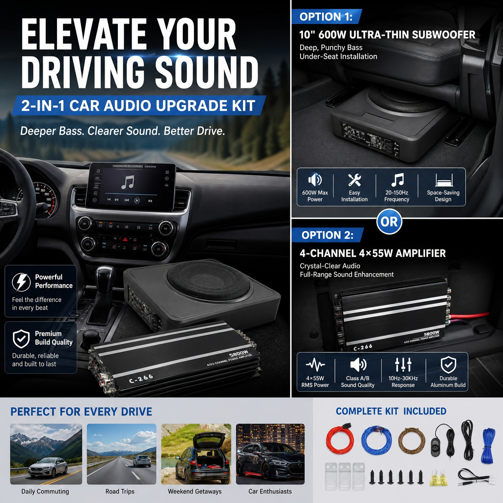 Option: 10-Inch 600W Car Subwoofer Or 4-Channel Car Amplifier. Car Audio Upgrade Kit 2-in-1 Choice, 10 Inch 600W Ultra-Thin Subwoofer Under-Seat Hidden Install, OR 4-Channel 4×55W Amplifier For Full-Range Sound Enhancement, Without Battery