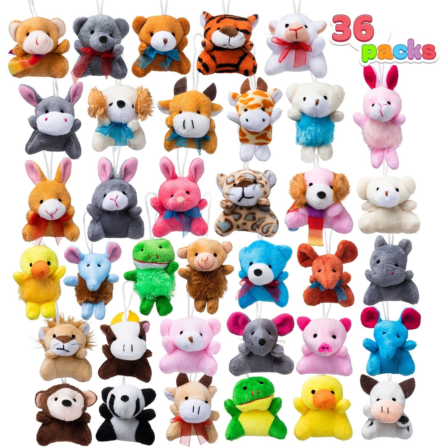36 Pack Mini Stuffed Animals Bulk — 3 Inch Animal Plush Toys with Keychain 36 Unique Designs, Party Favors for Kids Birthday Carnival Prizes Pinata Fillers Goody Bag Stuffers Classroom Rewards