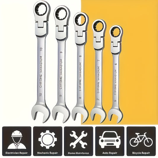 5pcs Adjustable Ratchet Wrench Set, Matched Set, Economical, Multi-functional, Metal Material, Suitable for Car, DIY, Home Maintenance, Two--one Wrench.