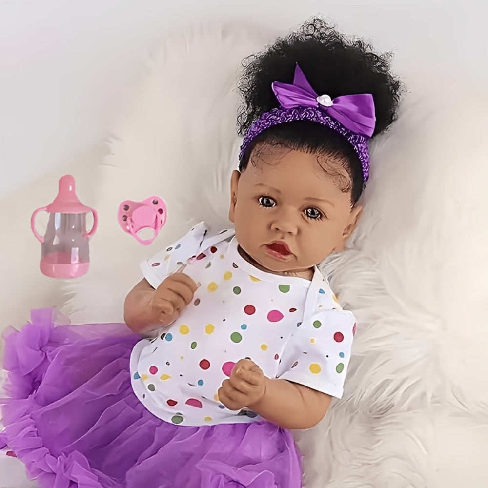 African American Reborn Baby Doll 21.5 Inch Full Vinyl – Curly Hair Black Girl Doll, Hand-Painted Lifelike Skin, Collectible Art Doll, Birthday Christmas Holiday Gift for Kids Ages 3+ & Collectors