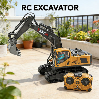 RC Excavator Toy 1:24 Scale 2.4GHz 9-Channel Remote Control with Alloy Metal Cap Lights & Sound Rechargeable Battery – Construction Truck for Boys Ages 6+ Birthday Christmas Gift Multiple Colors
