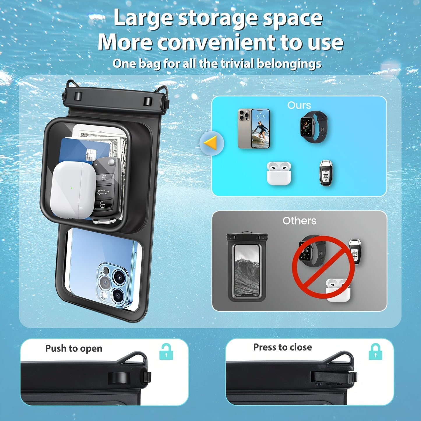 Waterproof Phone Pouch 2-Pack Double Layer Black & Cyan – PVC Dry Bag for Swimming, Rafting & Water Sports, Fits Up to 7.5", Dual Compartment with Adjustable Lanyard & Double Hook for Kayaking, Beach & Camping