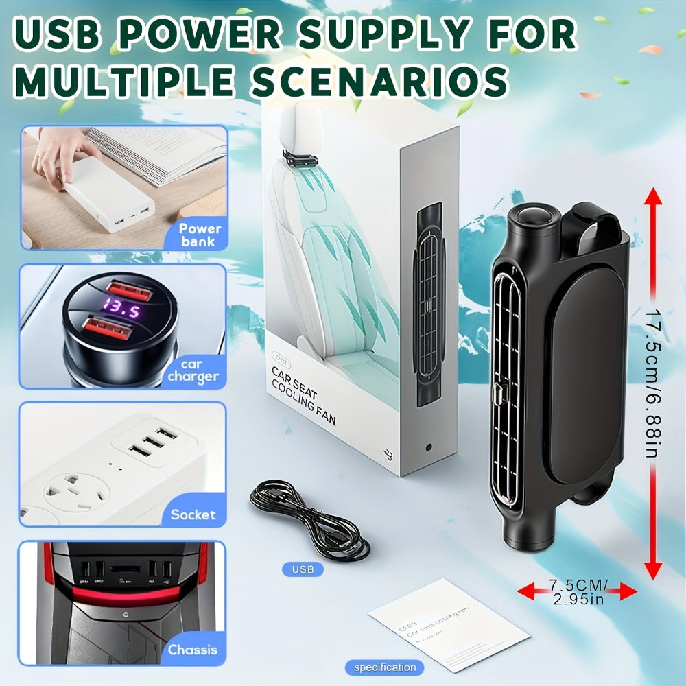 Bladeless Car USB Fan - 3-Speed Silent Cooling, Fits All Vehicles, Car Seat Fan with USB Charging Cable, Black & White Available