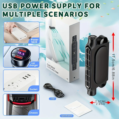 Bladeless Car USB Fan - 3-Speed Silent Cooling, Fits All Vehicles, Car Seat Fan with USB Charging Cable, Black & White Available