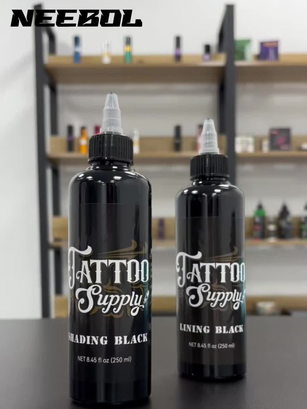 Neebol Super Black Tattoo Ink Darkest Outlining Shading Blending Fade-Resistant Professional Body Art Pigment for Artists & Beginners 100ml 250ml