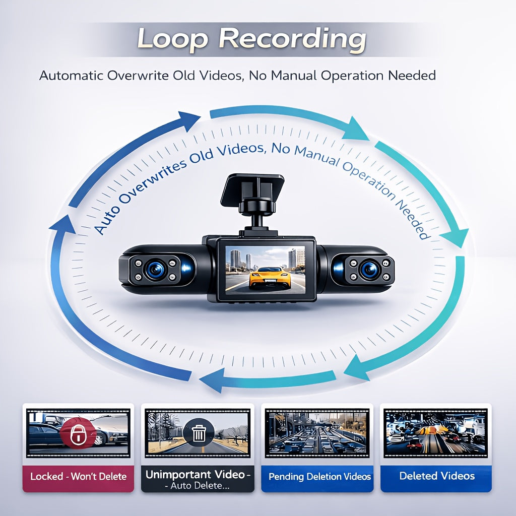 Four-camera HD Dash Cam | 360° View + 3.6-inch Screen, Infrared Night Vision with Dynamic Lock Exposure, Loop Recording, Collision Lock, And Parking Detection