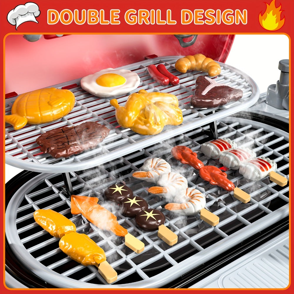 Kids BBQ Grill Playset Two-Tier with Toy Food Meats Fruits Spices & Working Water Tap – Pretend Play Outdoor Cooking Toy for Girls Boys Ages 3+ | Best Birthday Christmas Gift
