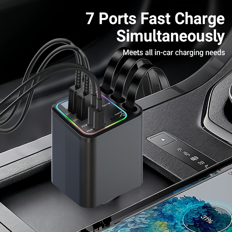 7-in-1 Car Fast Charging Mobile Phone Charger, Upgraded Color Light, Equipped With 3 Extendable Cables And Fast Charging Interface, Supports 180 ° Free Adjustment Angle, And Is Equipped With LED Intelligent Digital Display Screen, Without Battery
