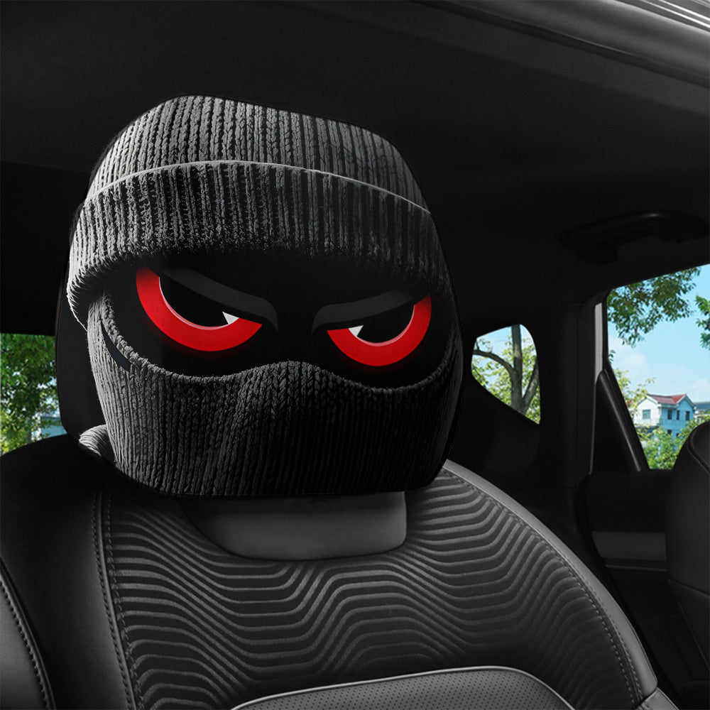 2pcs Red-Eyed Bandit Mask Car Headrest Covers, Knit, Unisex, No Stuffing, Easy to Install and Wash, Trendy Car Interior Decor for Friends Gathering and Road Trips, Unique and Fun Car Accessories