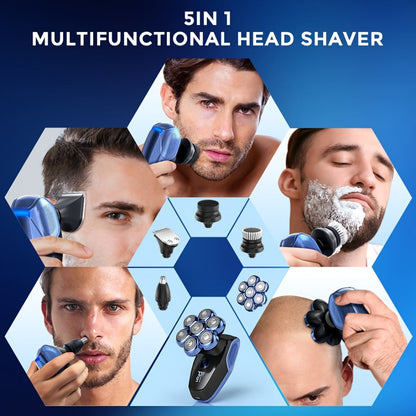 7D Head Shaver Bald Men 5-in-1 Waterproof Wet Dry Electric Razor – Type-C Rechargeable 6500-7500RPM Rotary Grooming Kit with Nose Hair Trimmer for Home & Travel, Perfect Gift for Men