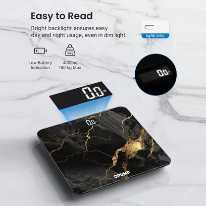 OPUMP Bathroom Scale 400lb – Highly Accurate Digital Body Weight Scale with Backlit LED Display, Batteries Included, Measures up to 400lb/180kg, Multiple Colors – Black Marble, Bronze, Sapphire & More