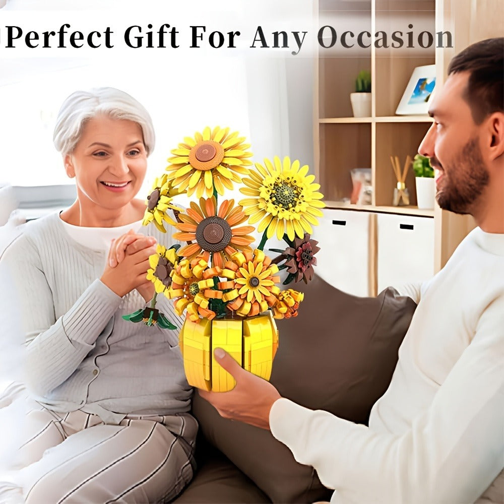 Sunflower Bouquet Building Blocks Set 1009 Pieces – Realistic Floral LEGO-Compatible Brick Kit for Adults & Teens, Home Decor Display, Mother's Day Valentine's Day Birthday Gift for Women