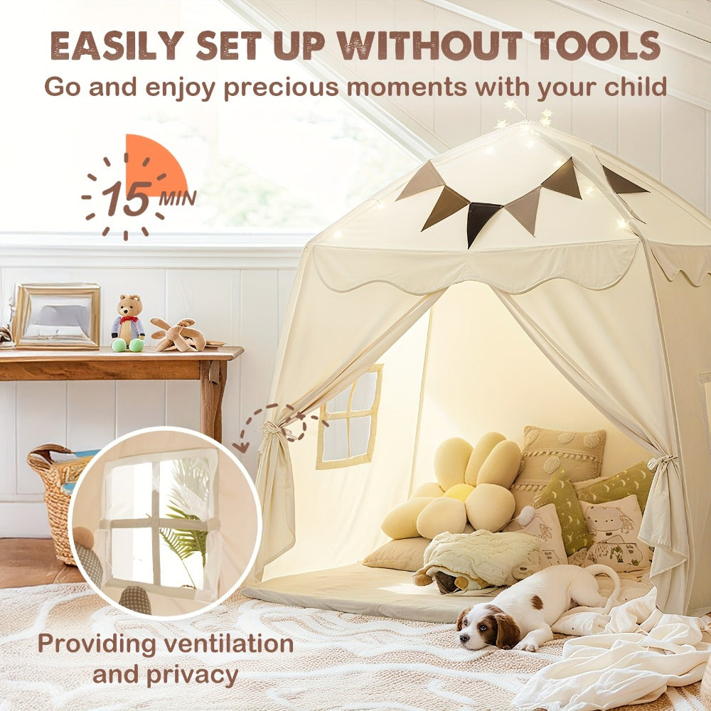Play Tent for Kids Extra Large – Portable Foldable Teepee Indoor Outdoor Dome Playhouse with Flags, Bed Canopy Reading Nook for Boys Girls, Beige Pink Green Brown Cream 51–59 Inch