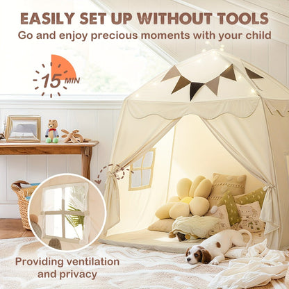 Play Tent for Kids Extra Large – Portable Foldable Teepee Indoor Outdoor Dome Playhouse with Flags, Bed Canopy Reading Nook for Boys Girls, Beige Pink Green Brown Cream 51–59 Inch