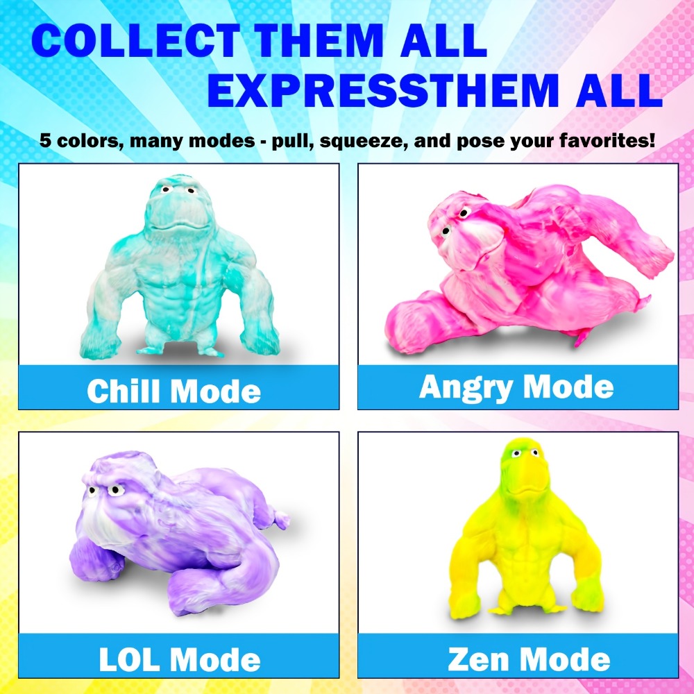 Stretchy Gorilla Fidget Toy Squishy Squeeze Monkey – PVA Sponge Sensory Stress Relief Toy for Kids & Adults, 5 Colors, Easter Basket Stuffer, Christmas Stocking Stuffer, Party Favor