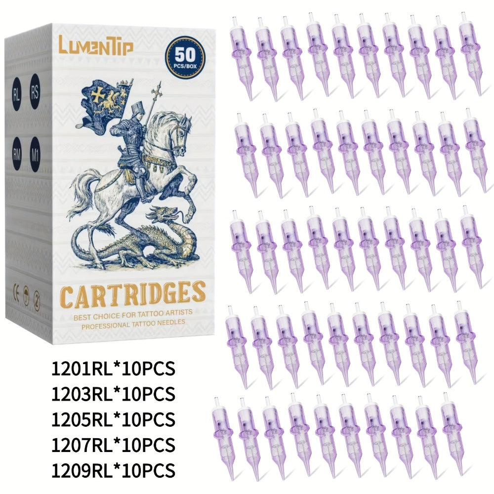 Tattoo Cartridge Needles 50pcs Mixed #12 Lumentip — RL RS RM M1 Stainless Steel, Safety Membrane, Universal Fit for All Tattoo Machines & Pens, Artists & Beginners