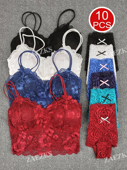 10-Pack Women's Bra and Panty Lingerie Set - Floral Lace Coordinated Style