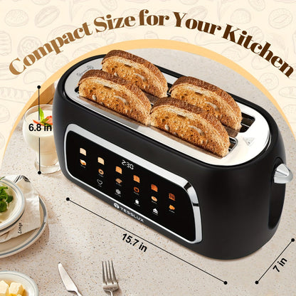4 Slice Toaster with Touch Screen Control, 1.5" Wide Long Slots, 6 Browning Levels & 6 Bread Types – Digital Timer, Memory Function, Defrost & Reheat for Family Breakfast, White & Black