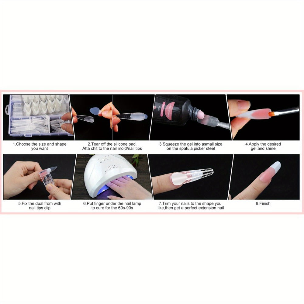 Poly Gel Nail Extension Form Kit - 192pcs Dual Forms, 96pcs Reusable Pads, 8 Shapes Acrylic Mold, Brush Pen, Files & Clips, Complete French Nail Extension Beginner Set for Home Salon