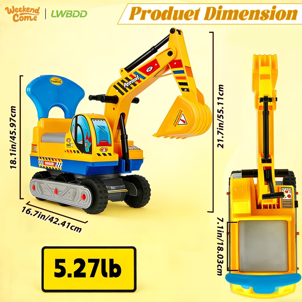 Ride-On Excavator Toy for Kids with Manual Digging Arm – Sit-In Construction Vehicle Scooter for Boys Girls Ages 3+ Outdoor Sandbox Digger Birthday Gift Supports up to 52.7 lbs